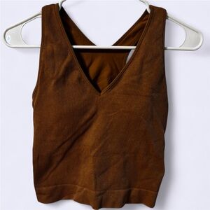Brown V-Neck Ribbed Women's Top